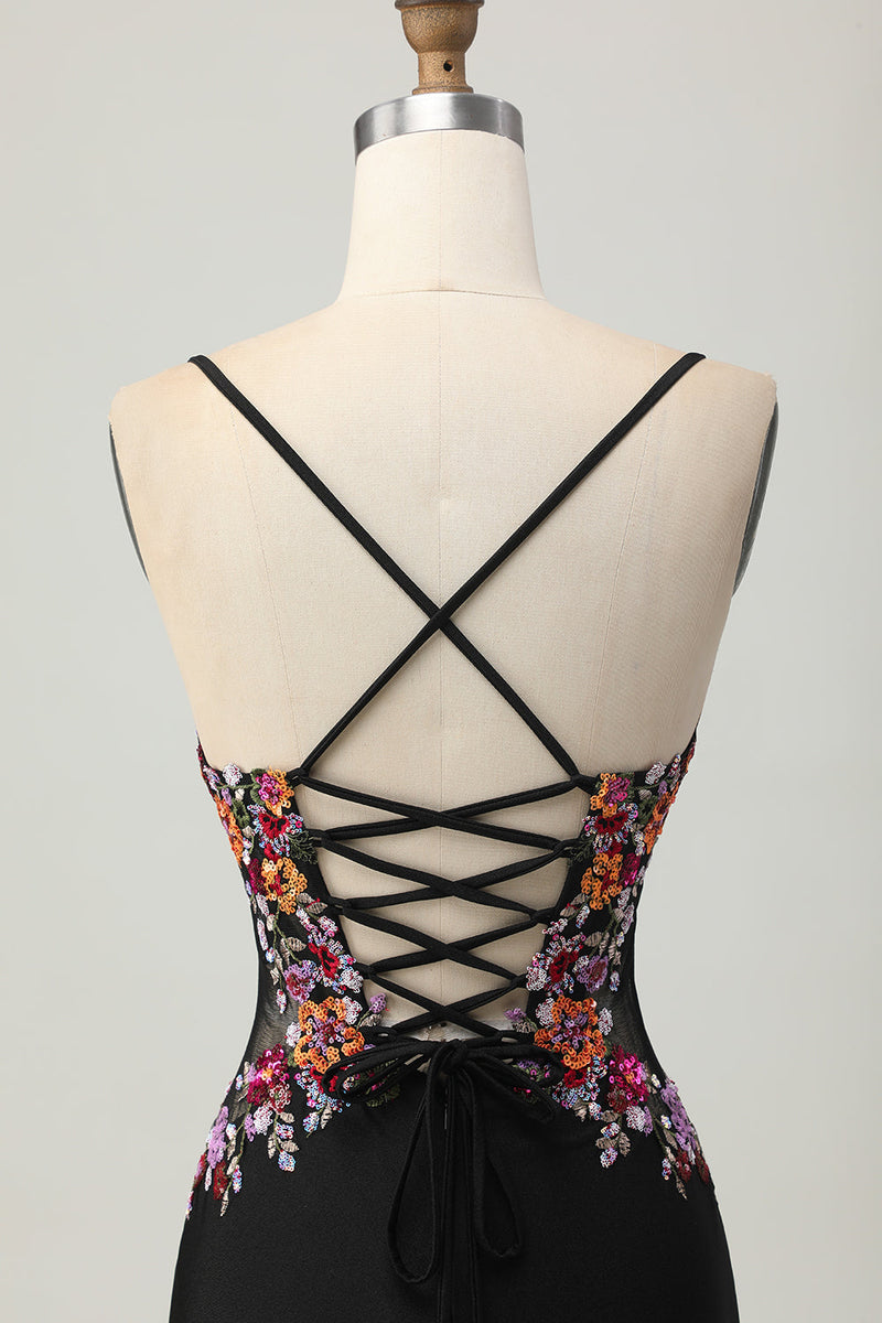 Load image into Gallery viewer, Floral Black Bodycon Spaghetti Straps Short Corset Prom Dress