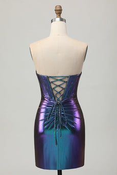 Metallic Blue Purple Bodycon Keyhole Short Corset Prom Dress