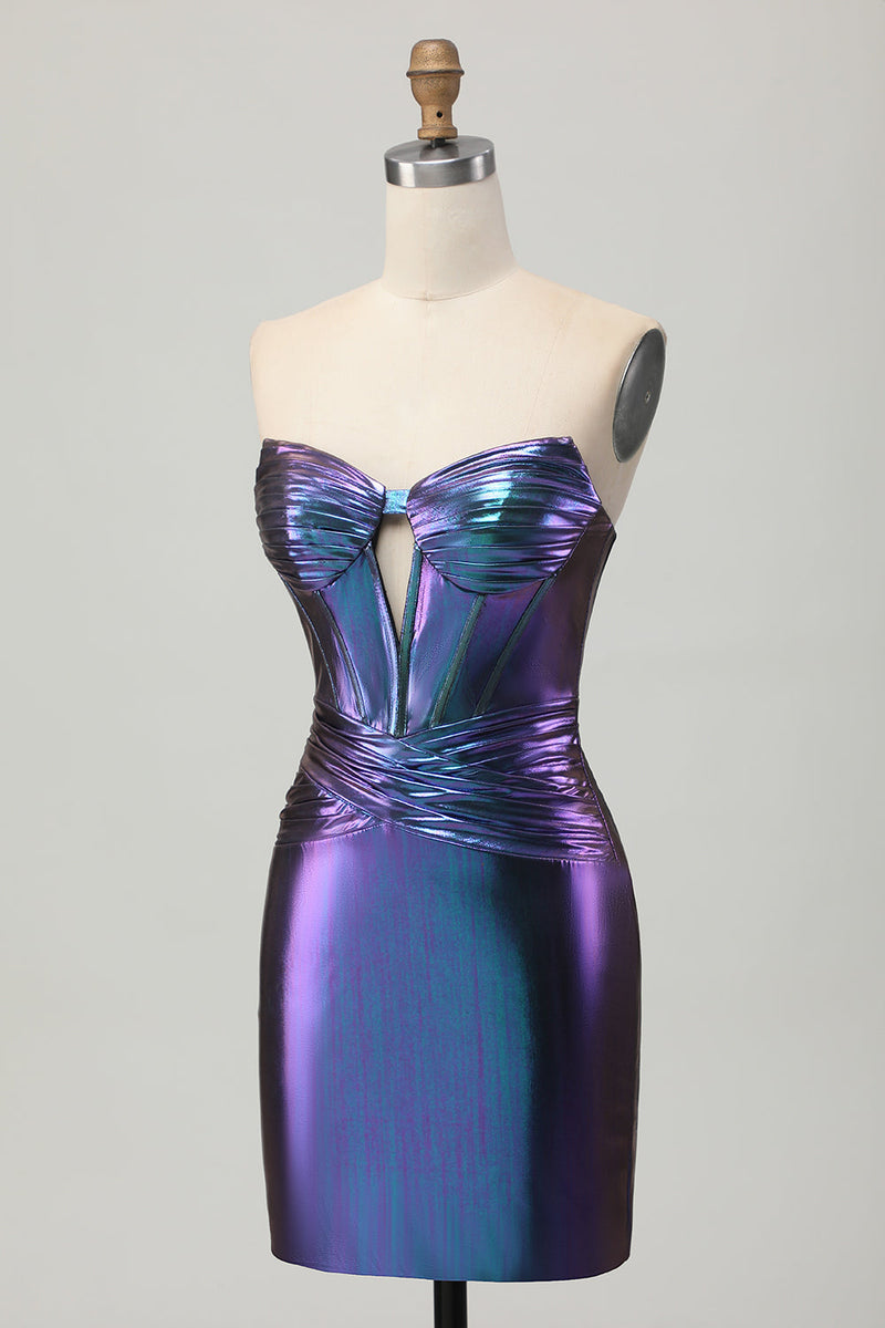 Load image into Gallery viewer, Metallic Blue Purple Bodycon Keyhole Short Corset Prom Dress