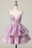 Load image into Gallery viewer, Light Purple A Line Strapless Short Metallic Prom Dress with Ruffles