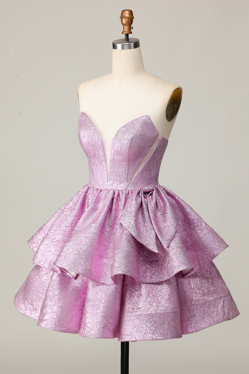 Load image into Gallery viewer, Light Purple A Line Strapless Short Metallic Prom Dress with Ruffles