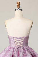 Load image into Gallery viewer, Light Purple A Line Strapless Short Metallic Prom Dress with Ruffles