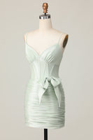 Load image into Gallery viewer, Sage Spaghetti Straps Corset Short Prom Dress with Bow