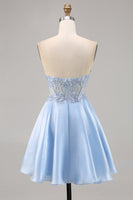 Load image into Gallery viewer, Sparkly Light Blue Satin Strapless Corset Short Prom Dress with Lace