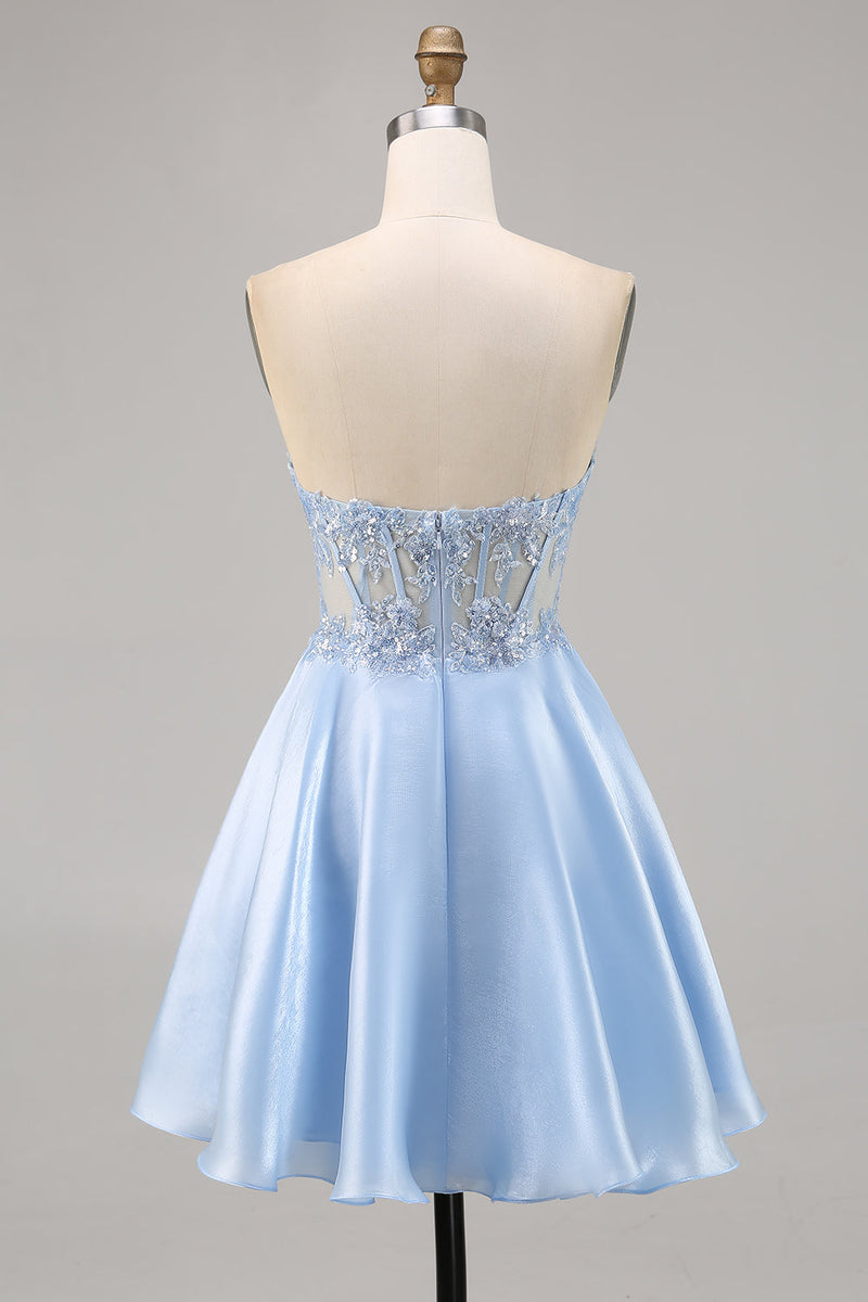 Load image into Gallery viewer, Sparkly Light Blue Satin Strapless Corset Short Prom Dress with Lace