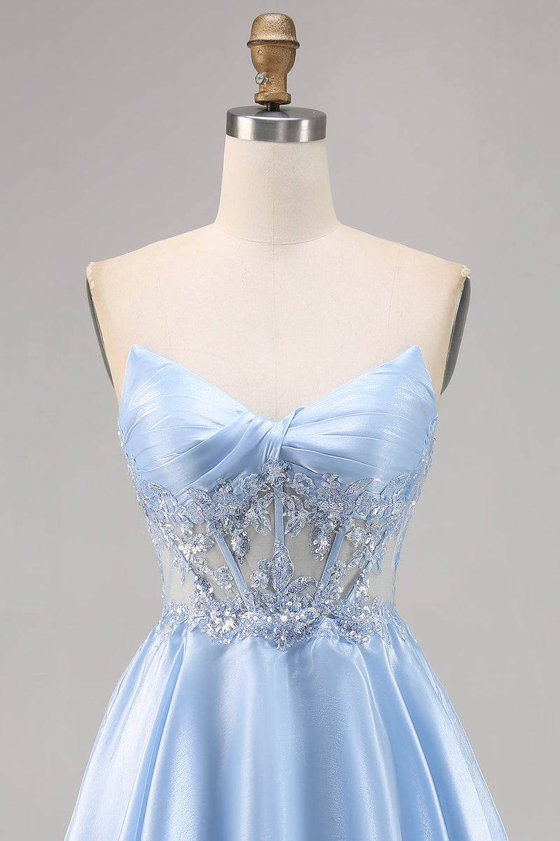 Load image into Gallery viewer, Sparkly Light Blue Satin Strapless Corset Short Prom Dress with Lace