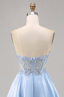 Load image into Gallery viewer, Sparkly Light Blue Satin Strapless Corset Short Prom Dress with Lace