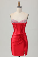 Load image into Gallery viewer, Red Satin Sweetheart Beaded Short Corset Prom Dress with Slit