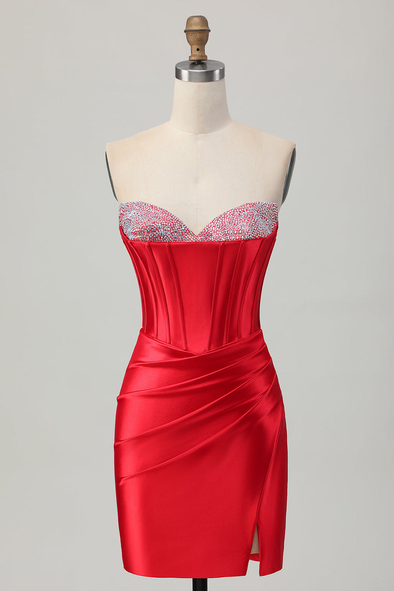 Load image into Gallery viewer, Red Satin Sweetheart Beaded Short Corset Prom Dress with Slit