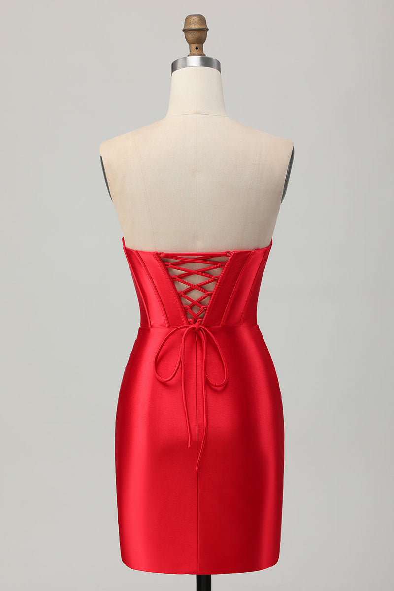 Load image into Gallery viewer, Red Satin Sweetheart Beaded Short Corset Prom Dress with Slit