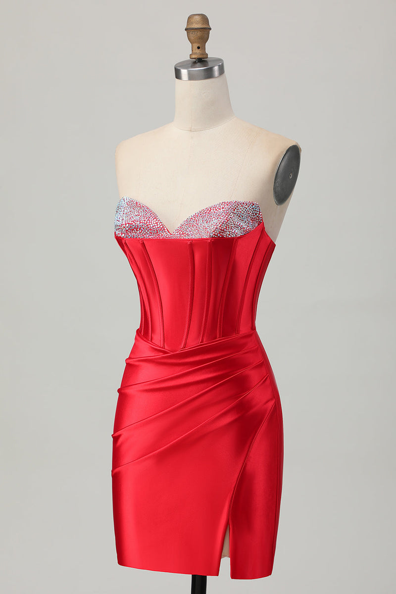 Load image into Gallery viewer, Red Satin Sweetheart Beaded Short Corset Prom Dress with Slit