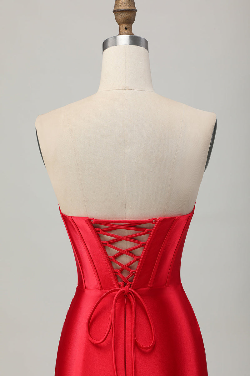 Load image into Gallery viewer, Red Satin Sweetheart Beaded Short Corset Prom Dress with Slit