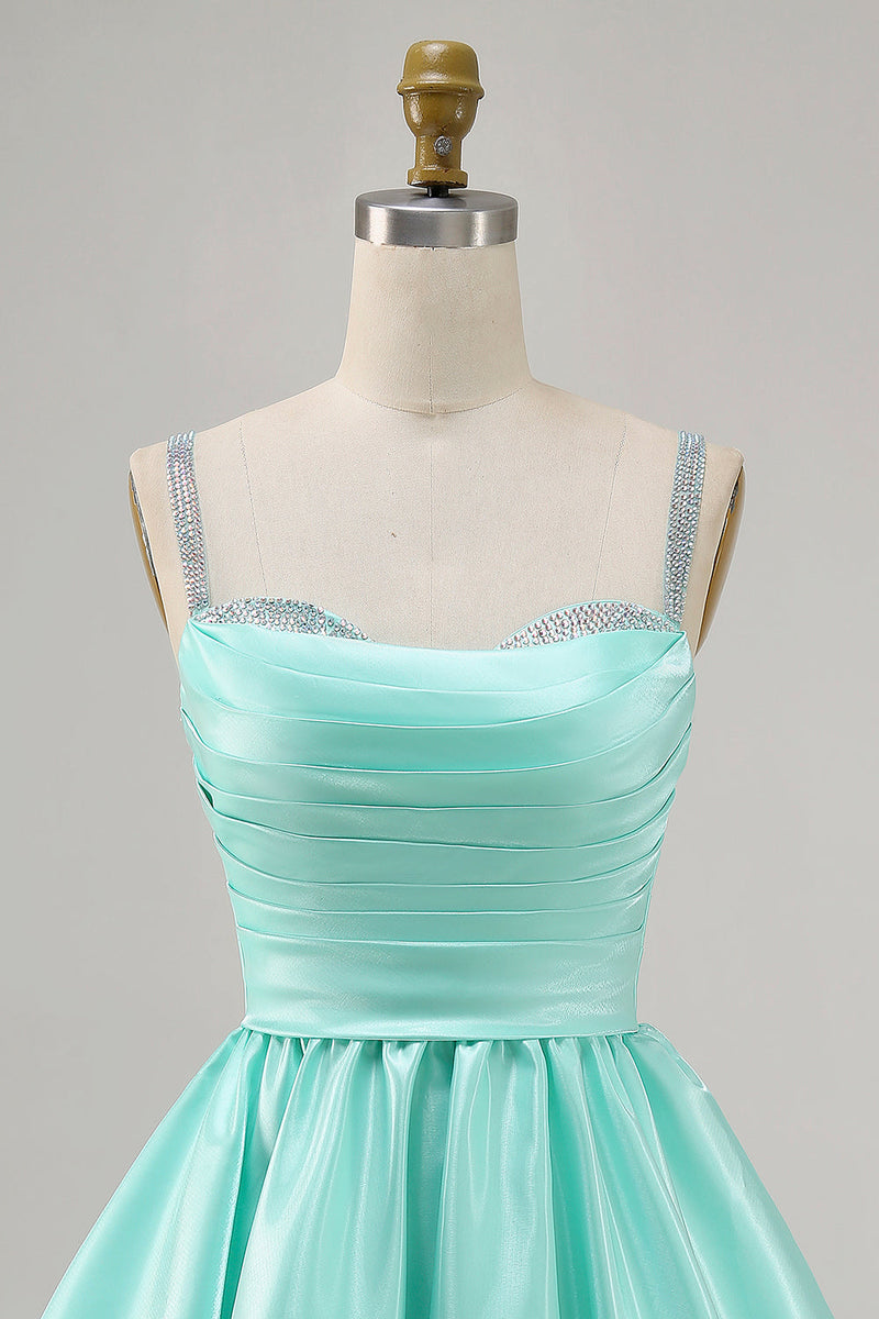 Load image into Gallery viewer, Sparkly Mint Green Ruched Satin Short Prom Dress with Beading