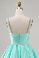 Load image into Gallery viewer, Sparkly Mint Green Ruched Satin Short Prom Dress with Beading