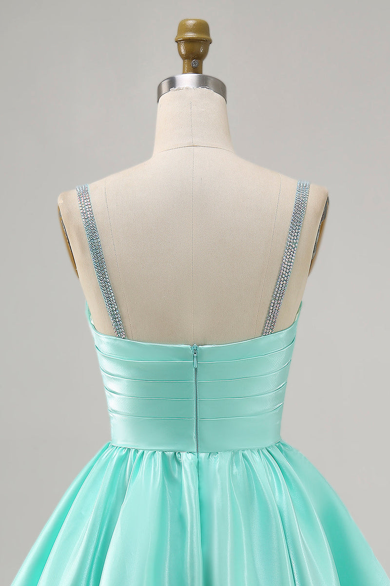 Load image into Gallery viewer, Sparkly Mint Green Ruched Satin Short Prom Dress with Beading