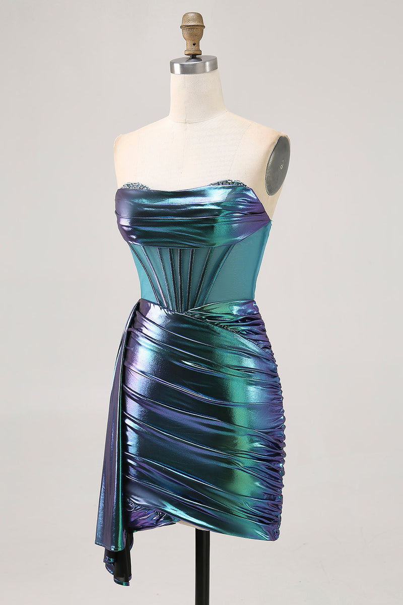 Load image into Gallery viewer, Sparkly Green Metallic Corset Tight Short Prom Dress with Ruffles