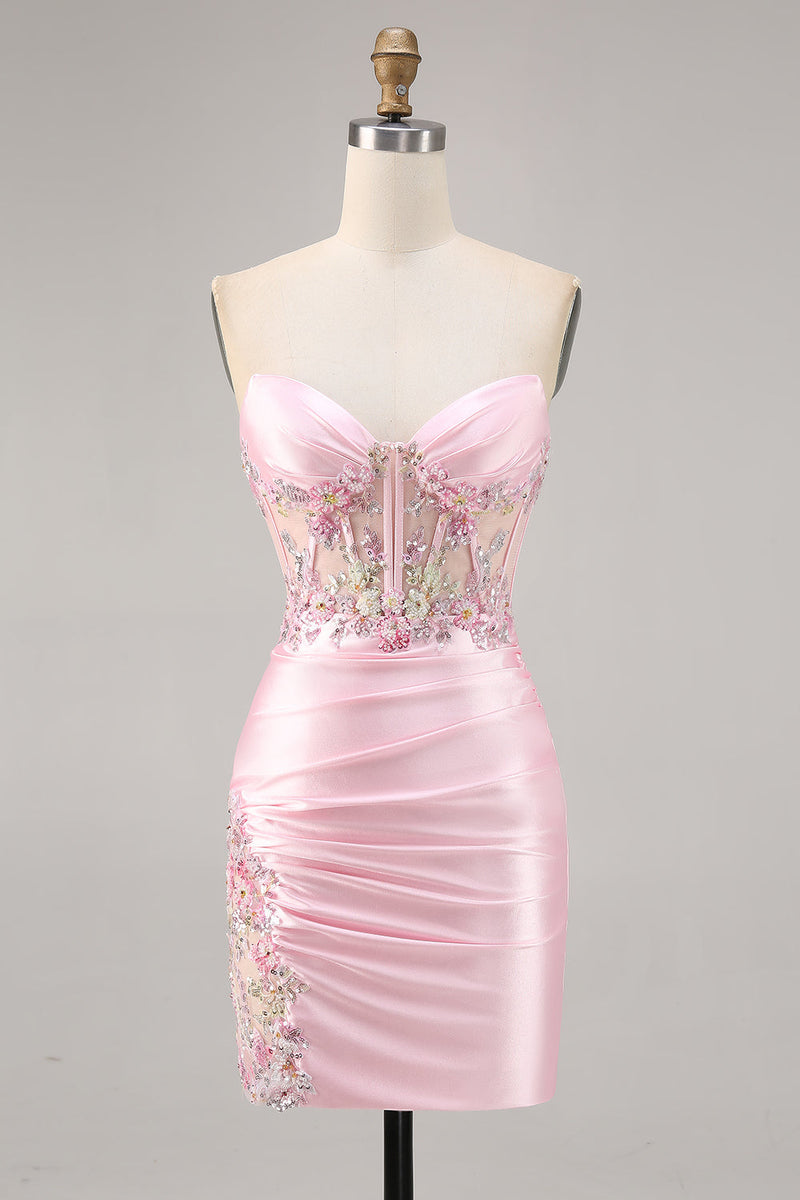 Load image into Gallery viewer, Sparkly Candy Pink Satin Floral Strapless Corset Short Prom Dress