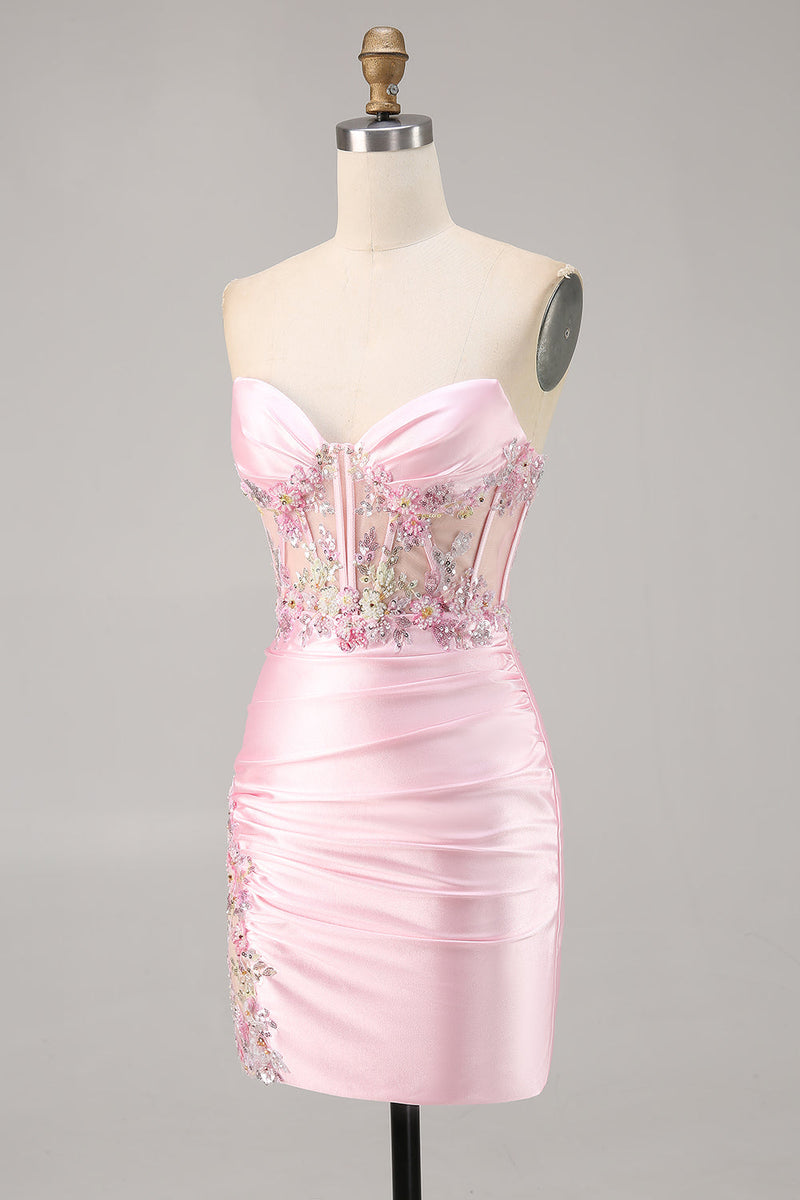 Load image into Gallery viewer, Sparkly Candy Pink Satin Floral Strapless Corset Short Prom Dress