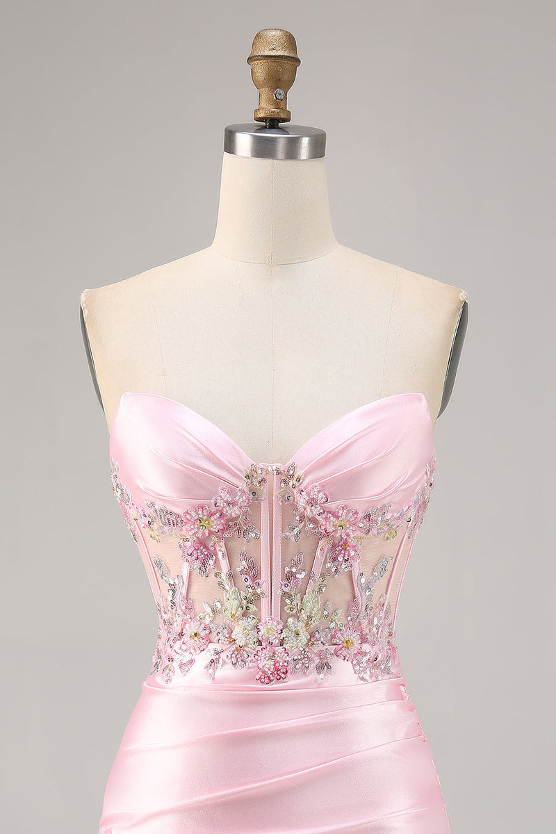 Load image into Gallery viewer, Sparkly Candy Pink Satin Floral Strapless Corset Short Prom Dress