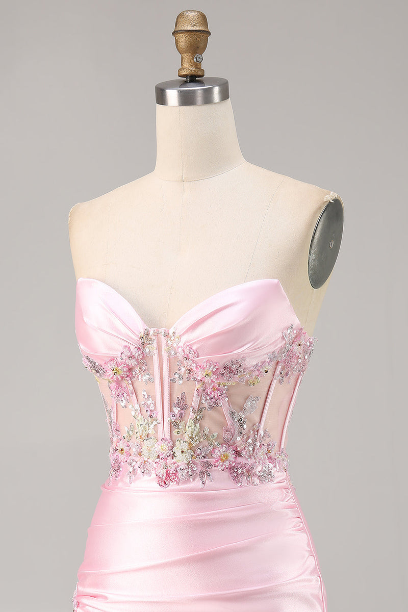 Load image into Gallery viewer, Sparkly Candy Pink Satin Floral Strapless Corset Short Prom Dress