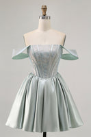 Load image into Gallery viewer, Sparkly Light Green Short Satin Corset Prom Dress with Beading