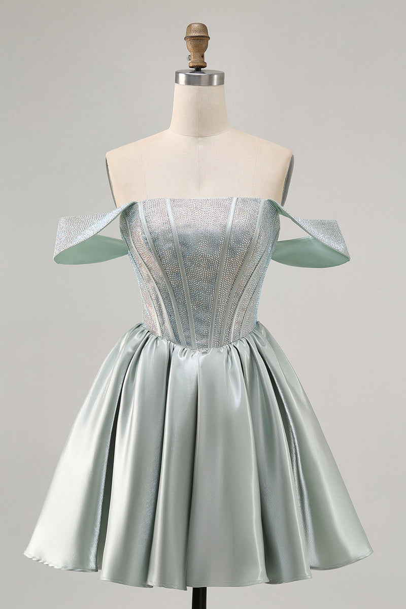 Load image into Gallery viewer, Sparkly Light Green Short Satin Corset Prom Dress with Beading