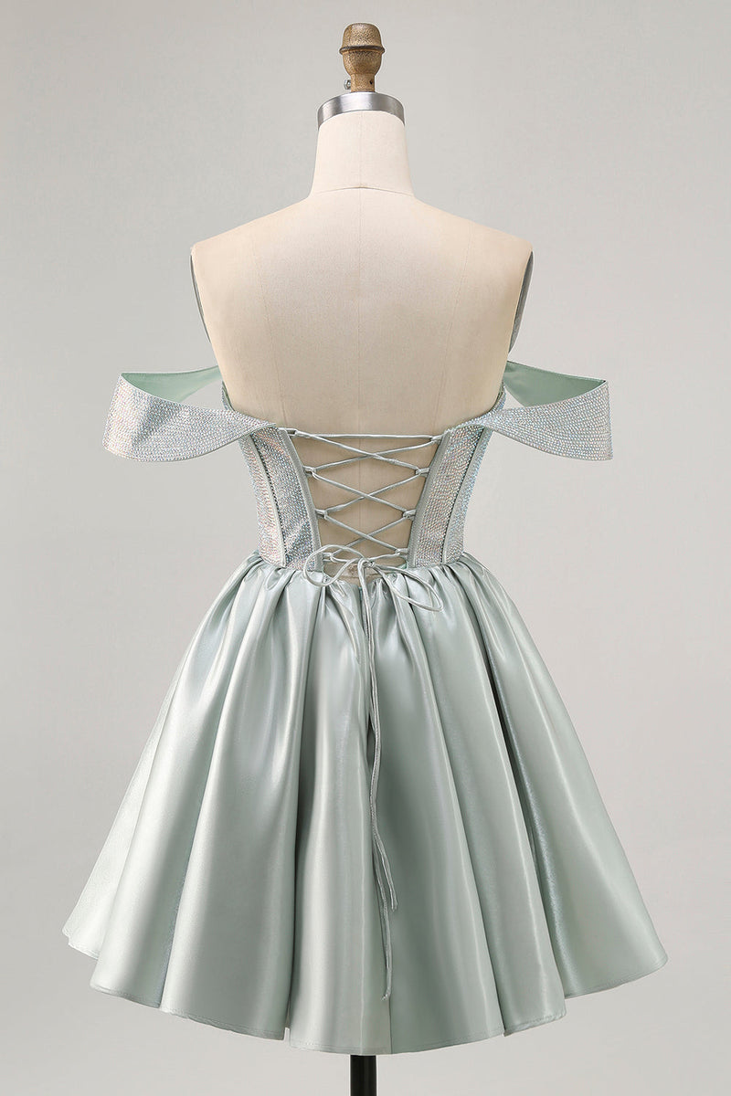 Load image into Gallery viewer, Sparkly Light Green Short Satin Corset Prom Dress with Beading