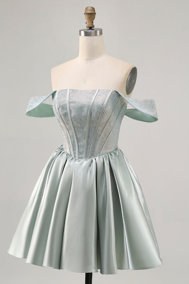 Load image into Gallery viewer, Sparkly Light Green Short Satin Corset Prom Dress with Beading