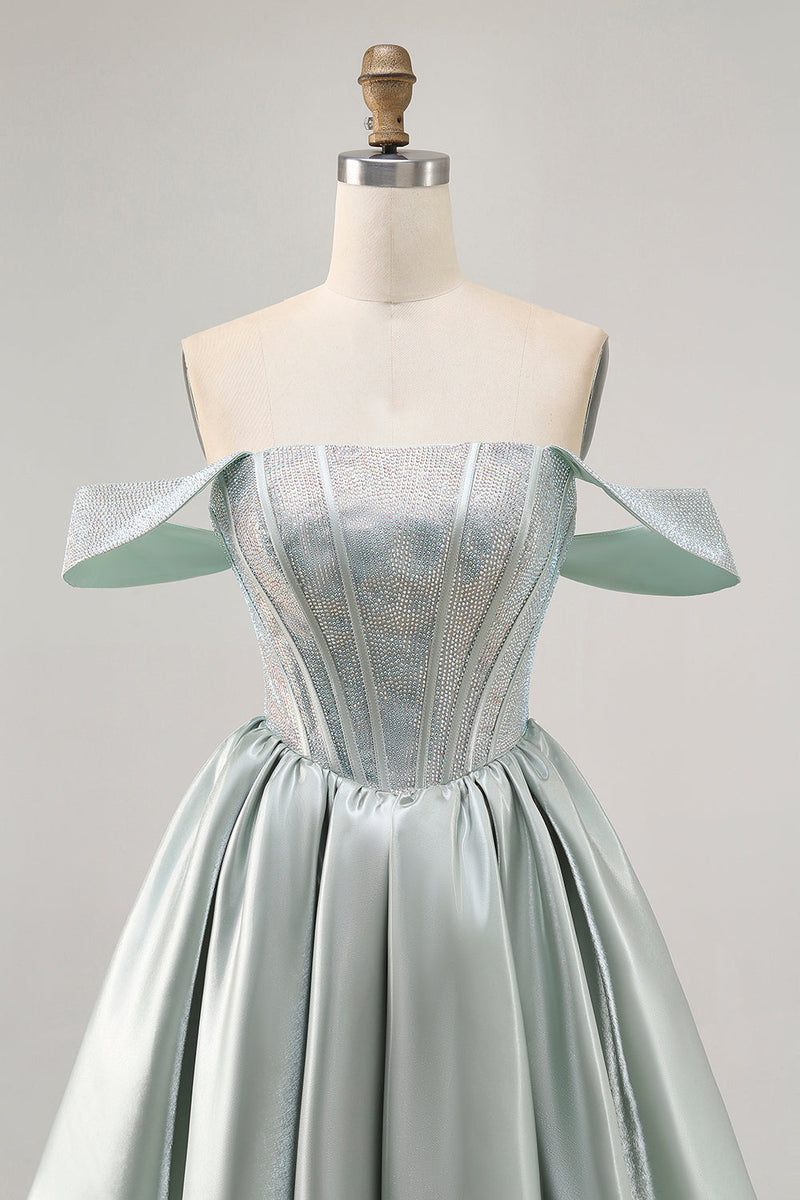 Load image into Gallery viewer, Sparkly Light Green Short Satin Corset Prom Dress with Beading