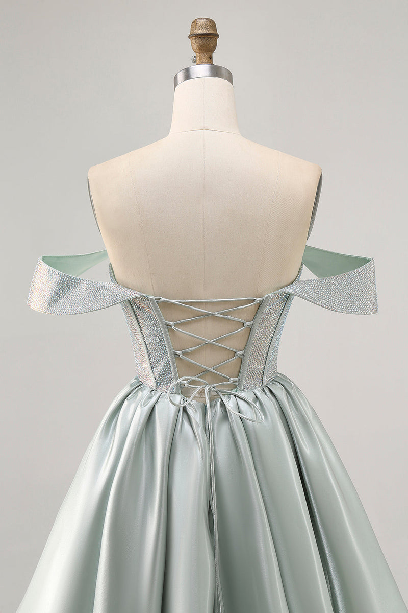 Load image into Gallery viewer, Sparkly Light Green Short Satin Corset Prom Dress with Beading