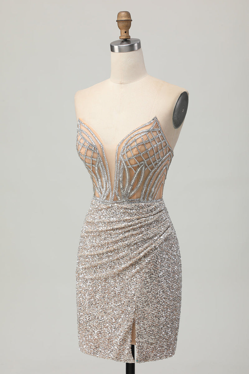 Load image into Gallery viewer, Sparkly Sliver Sequins Bodycon Strapless Short Corset Prom Dress