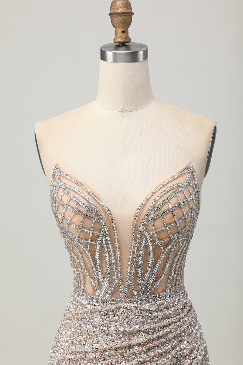 Load image into Gallery viewer, Sparkly Sliver Sequins Bodycon Strapless Short Corset Prom Dress