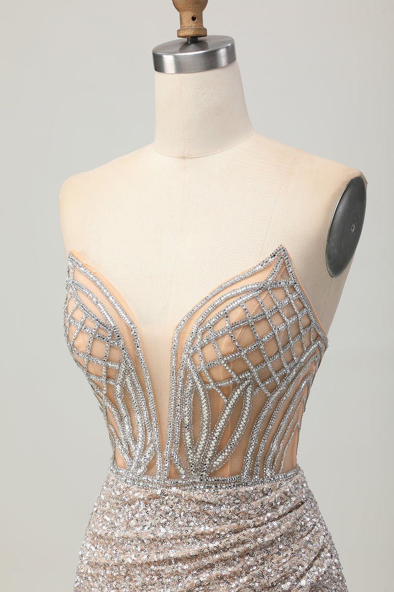 Load image into Gallery viewer, Sparkly Sliver Sequins Bodycon Strapless Short Corset Prom Dress