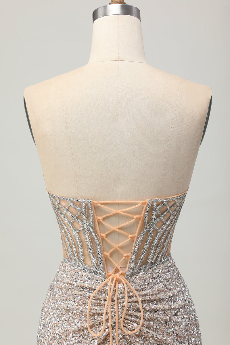 Load image into Gallery viewer, Sparkly Sliver Sequins Bodycon Strapless Short Corset Prom Dress