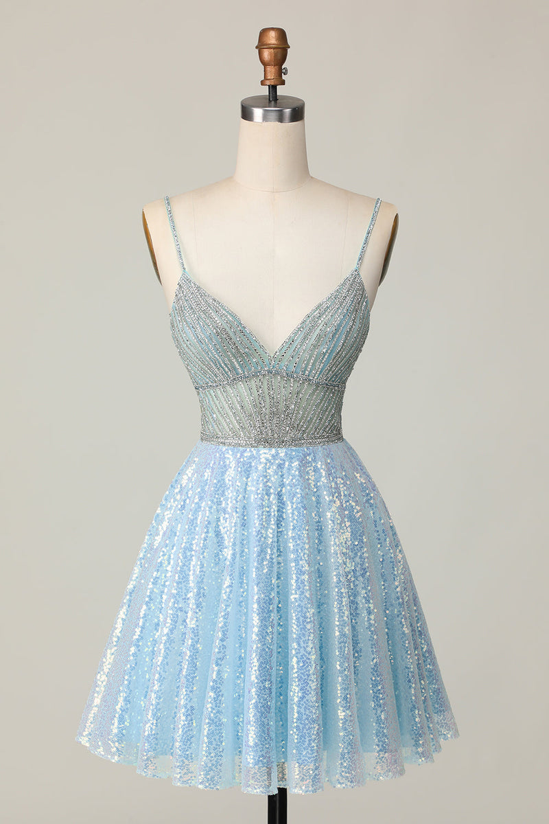 Load image into Gallery viewer, Sparkly Light Blue Sequin Spaghetti Straps Short Prom Dress with Beading