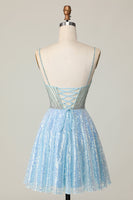 Load image into Gallery viewer, Sparkly Light Blue Sequin Spaghetti Straps Short Prom Dress with Beading