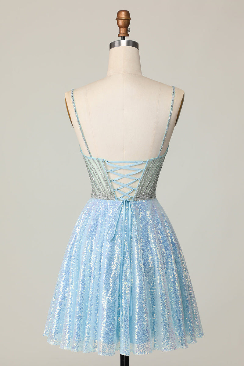 Load image into Gallery viewer, Sparkly Light Blue Sequin Spaghetti Straps Short Prom Dress with Beading
