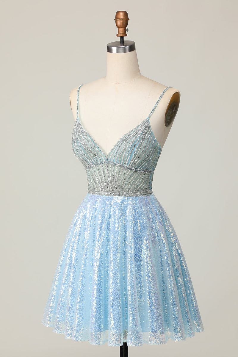 Load image into Gallery viewer, Sparkly Light Blue Sequin Spaghetti Straps Short Prom Dress with Beading