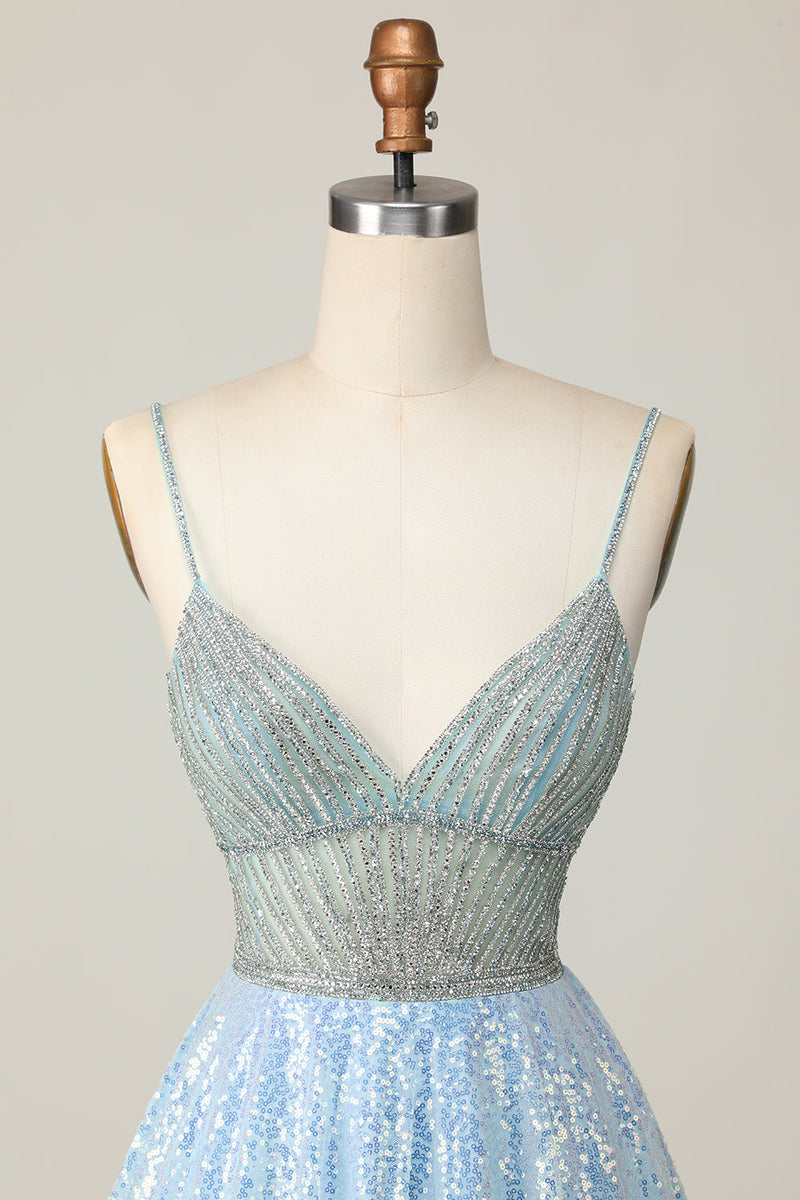 Load image into Gallery viewer, Sparkly Light Blue Sequin Spaghetti Straps Short Prom Dress with Beading