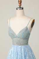 Load image into Gallery viewer, Sparkly Light Blue Sequin Spaghetti Straps Short Prom Dress with Beading