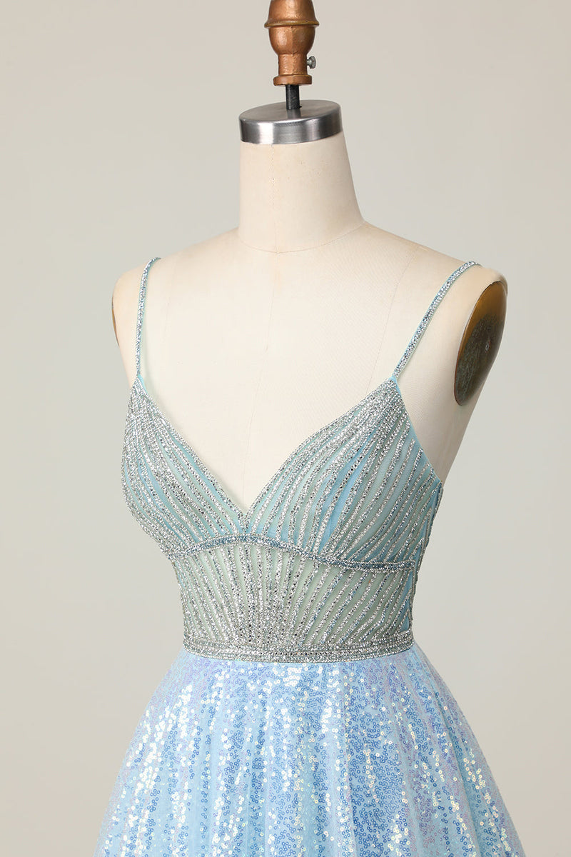 Load image into Gallery viewer, Sparkly Light Blue Sequin Spaghetti Straps Short Prom Dress with Beading