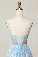 Load image into Gallery viewer, Sparkly Light Blue Sequin Spaghetti Straps Short Prom Dress with Beading