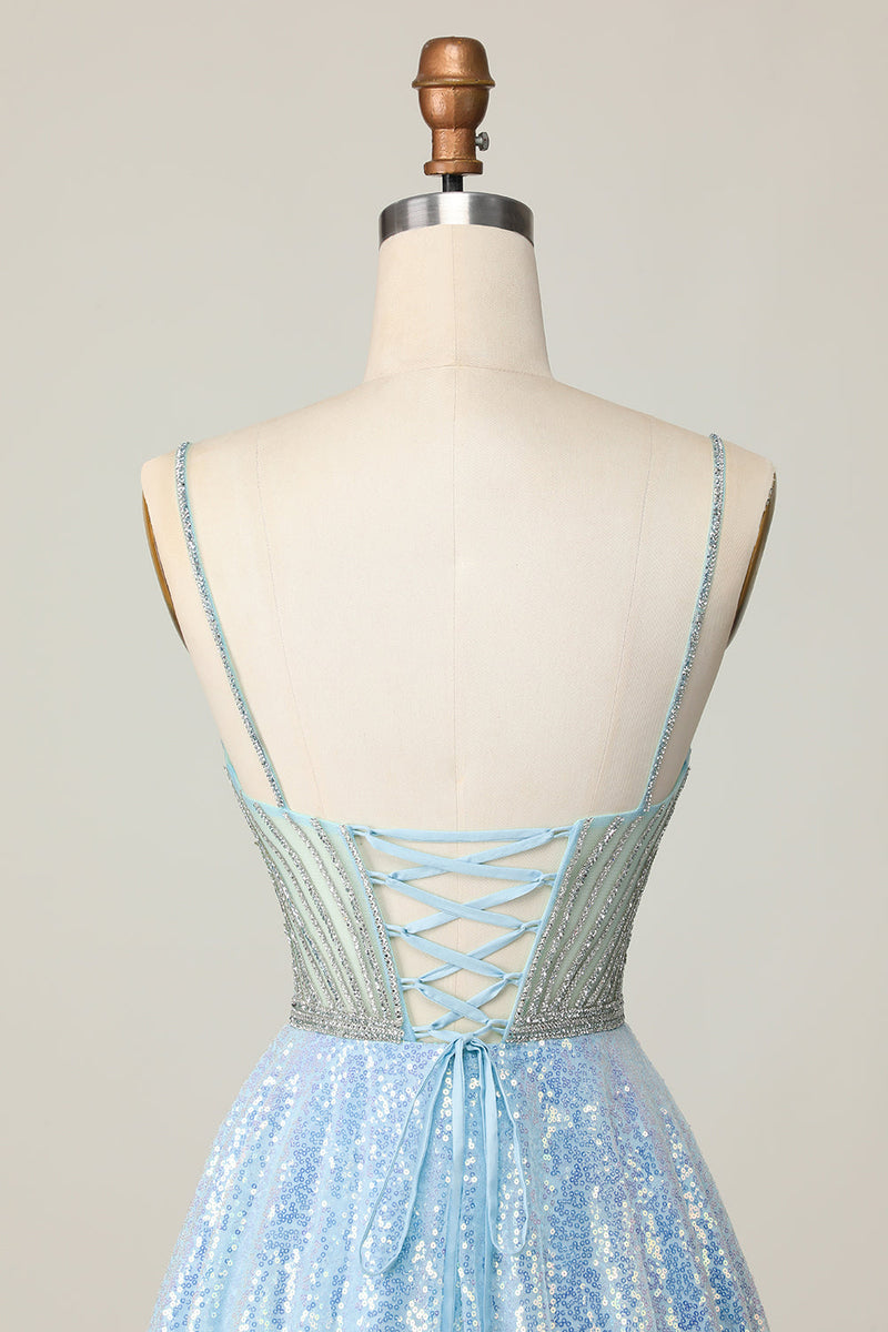 Load image into Gallery viewer, Sparkly Light Blue Sequin Spaghetti Straps Short Prom Dress with Beading