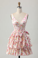 Load image into Gallery viewer, Floral Pink A Line Tiered Short Corset Prom Dress with Bow