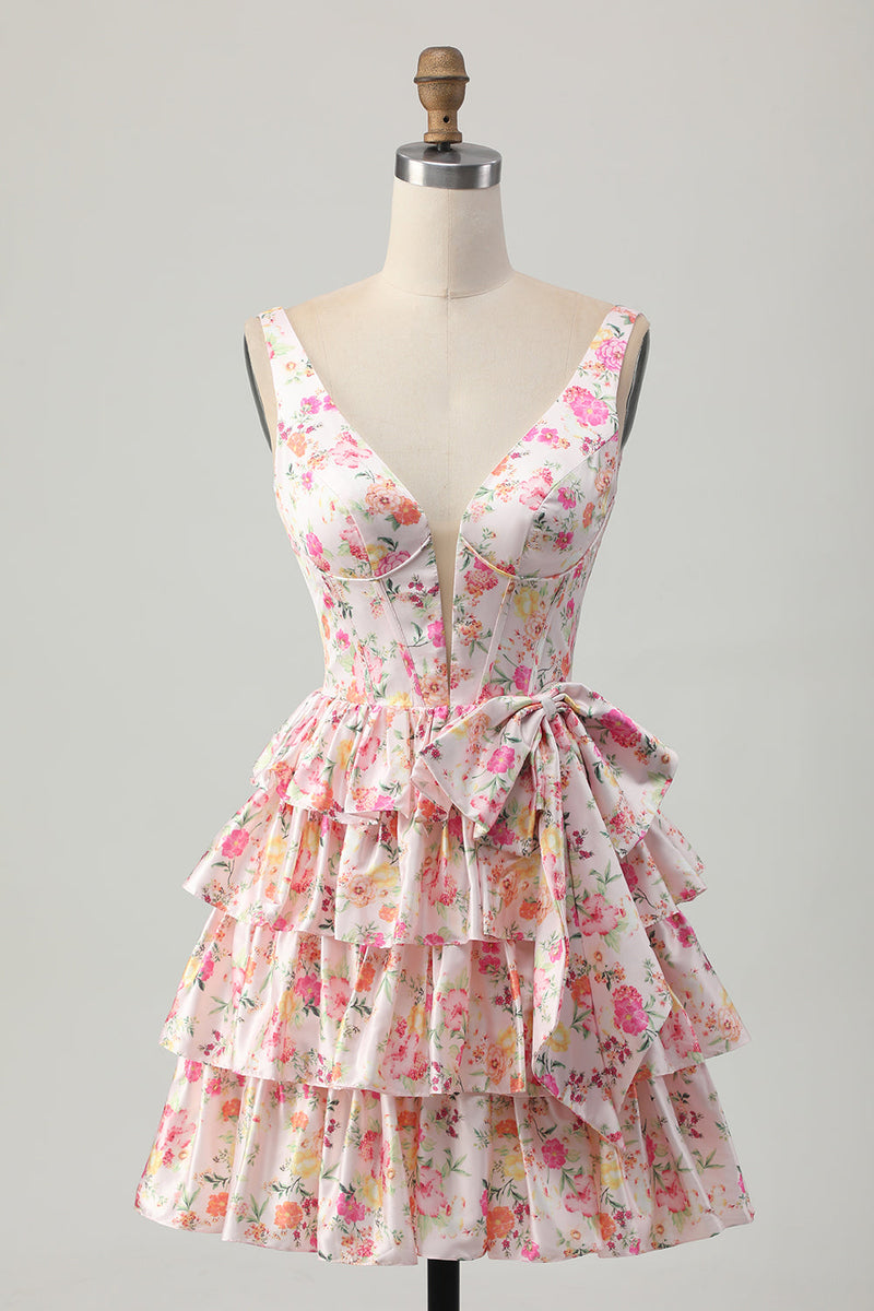 Load image into Gallery viewer, Floral Pink A Line Tiered Short Corset Prom Dress with Bow