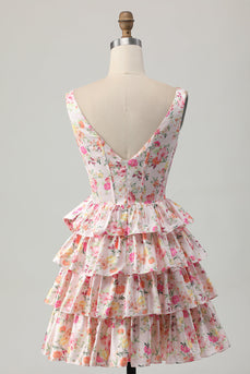 Floral Pink A Line Tiered Short Corset Prom Dress with Bow