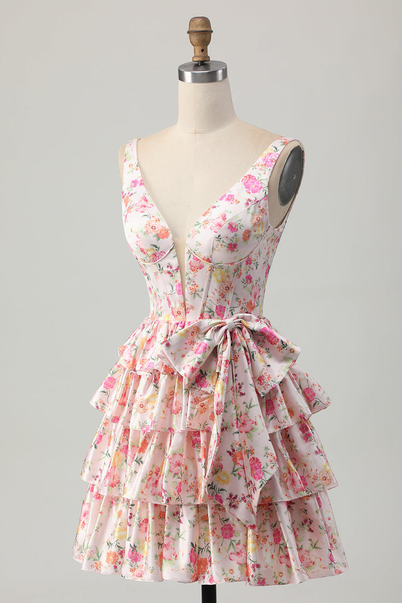 Load image into Gallery viewer, Floral Pink A Line Tiered Short Corset Prom Dress with Bow