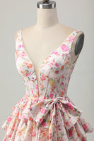 Load image into Gallery viewer, Floral Pink A Line Tiered Short Corset Prom Dress with Bow
