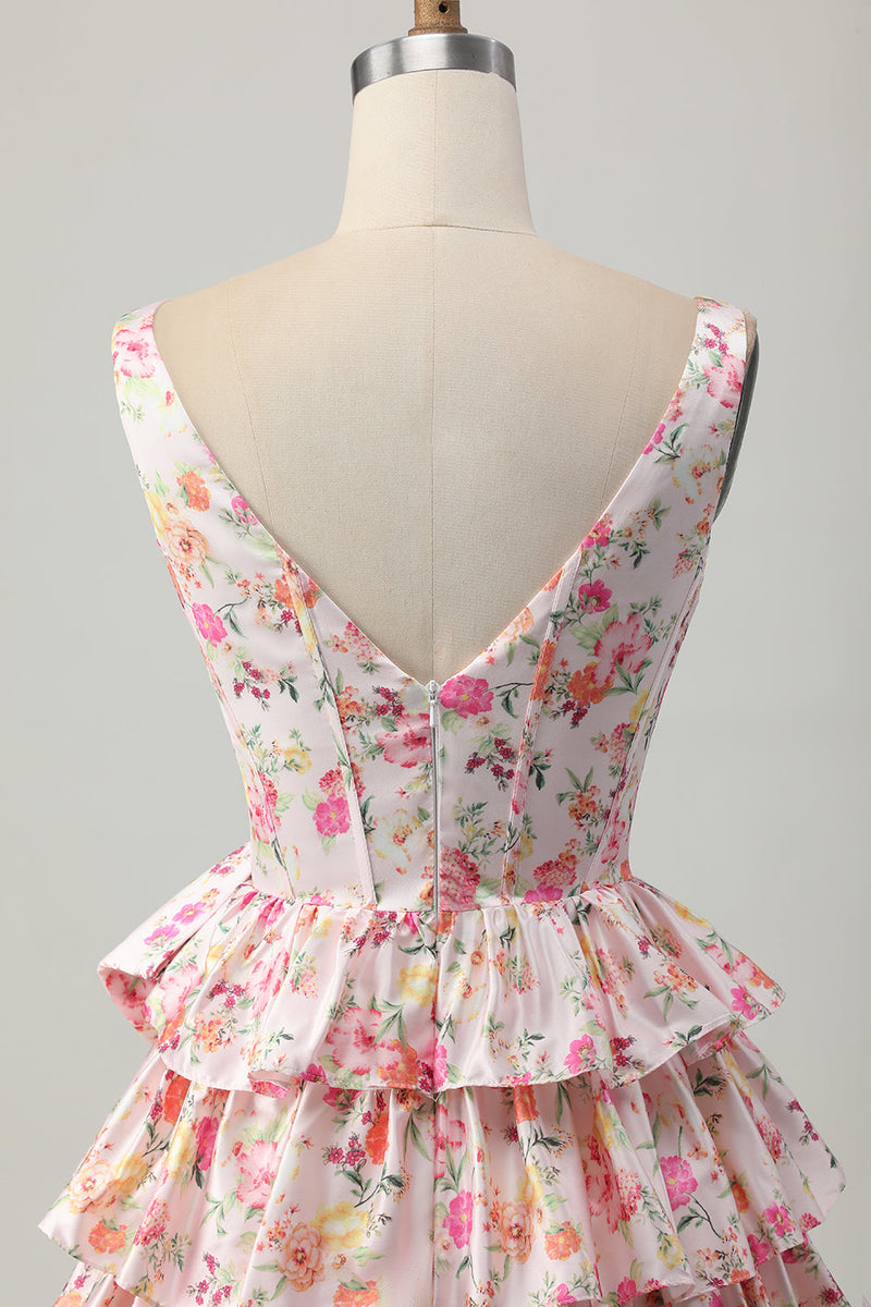 Load image into Gallery viewer, Floral Pink A Line Tiered Short Corset Prom Dress with Bow