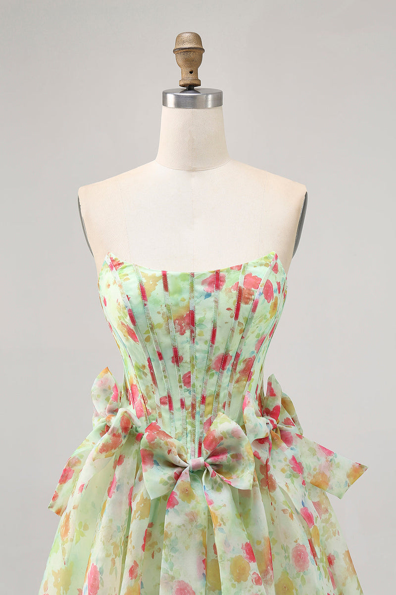 Load image into Gallery viewer, Green Floral Strapless Short Corset Prom Dress with Bows